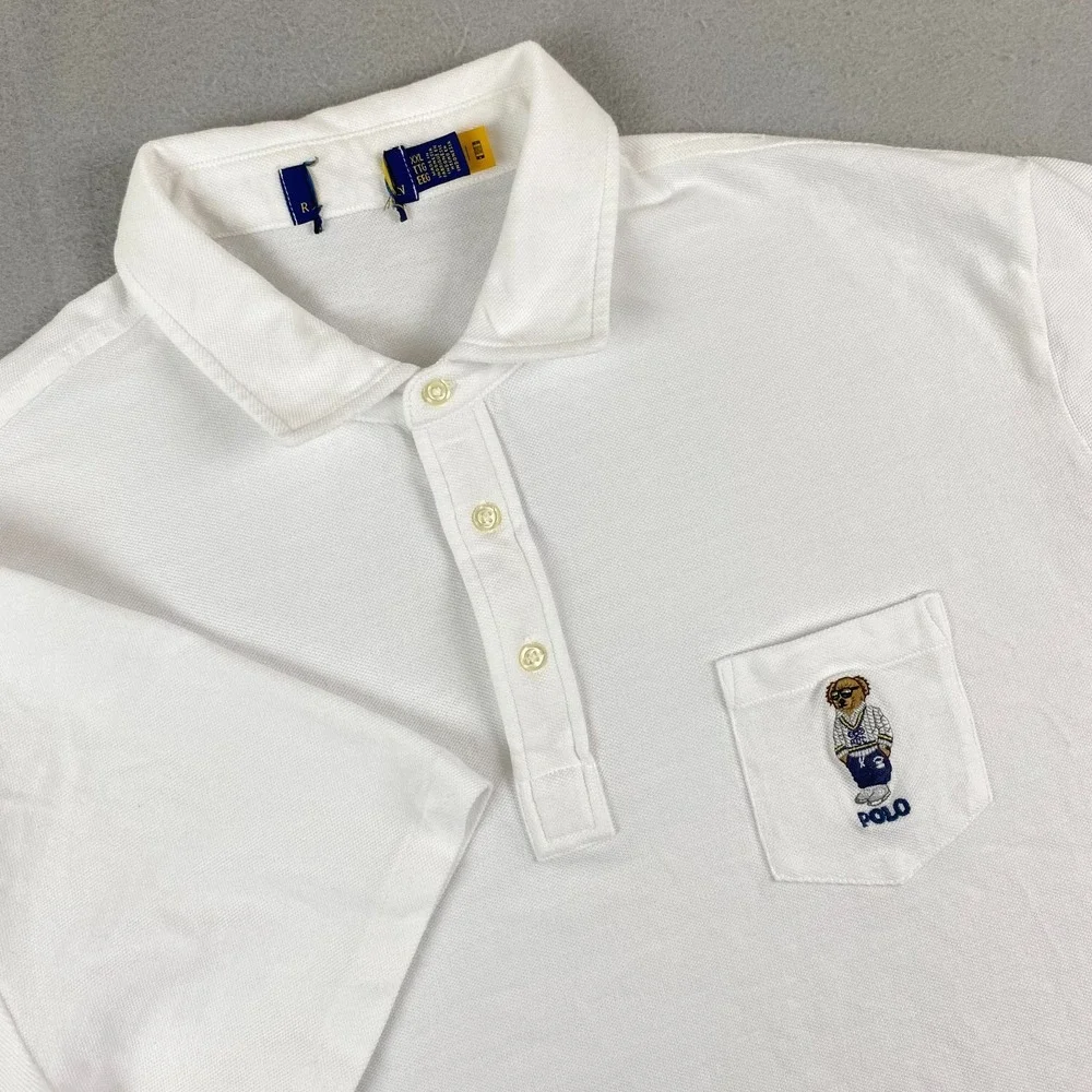 Ralph Lauren Polo Bear Mesh Shirt Men 2XL XXL solid white pocket embroidered